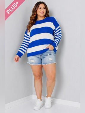 Plus Size Blue White Striped Knit Sweater Crew Neck - 751
